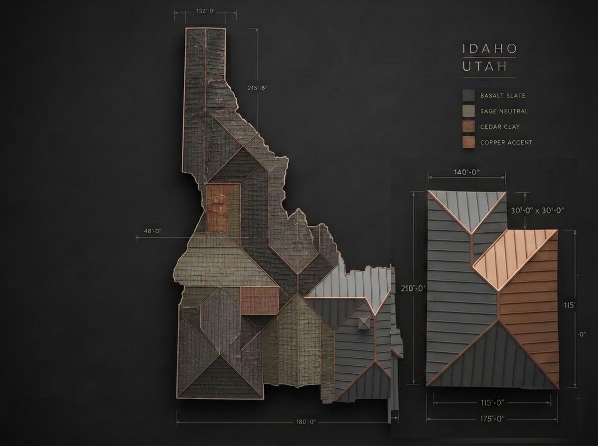 The state of Idaho rendered as an aerial roof plan with facets, ridges, and measurements
